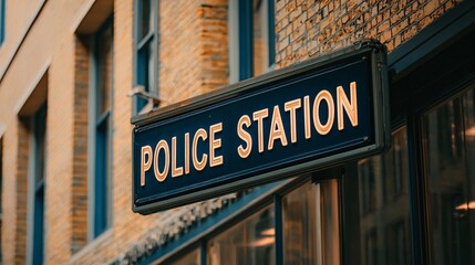 Obraz premium STATION Close-up of a police station sign mounted on the building's facade. Police station building 