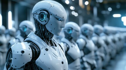 Fototapeta premium Futuristic humanoid robots with glowing blue eyes standing in a row in a factory