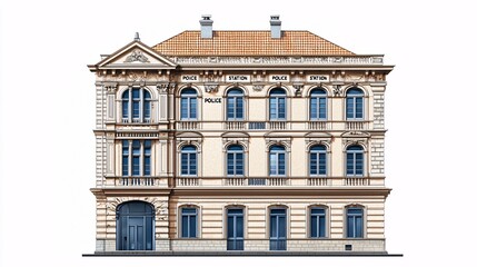 Fototapeta premium STATION Side view of a police station building, highlighting its architectural features. Police station building 