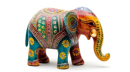 A colorful wooden elephant figurine intricately carved with detailed patterns, isolated on a clean white background.