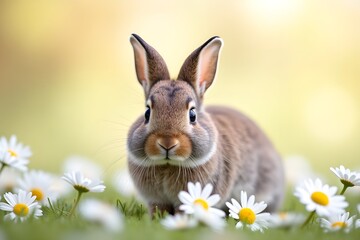 Fototapeta premium Adorable Brown Dwarf Rabbit Nestled Peacefully with White Daisies in Sunny Meadow