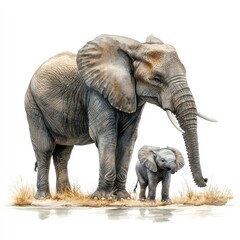 Obraz premium A serene scene of a mother elephant and her calf near a water source in a natural habitat with grass