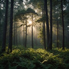 Obraz premium Describe the sounds of a forest in the early morning, just after sunrise.