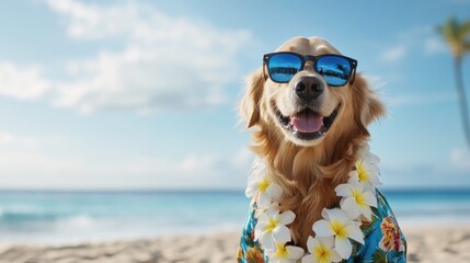 A cheerful golden retriever wearing sunglasses and a floral shirt is enjoying a sunny day at the beach.