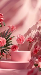 Obraz premium Pink Floral Arrangement with Elegant Cake Stand and Soft Background