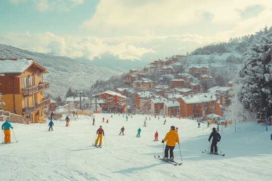 Group of people skiing and snowboarding down the ski slope or piste in Alps Mountains. Winter ski holidays