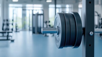 Fototapeta premium Close-Up of Weight Plates on a Barbell in a Bright Fitness Gym Environment