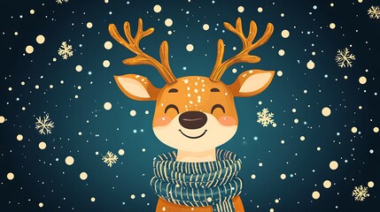 Fototapeta premium Cute reindeer in scarf, snowy night, festive holiday greeting card