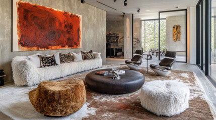 Luxurious Living Room Design: A modern living room interior showcases a plush, oversized white fur sofa, complemented by a large abstract painting, cowhide rug.
