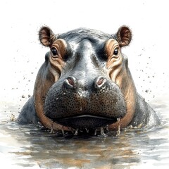 Fototapeta premium Close-up of a hippopotamus emerging from water, showcasing its features and surrounding environment