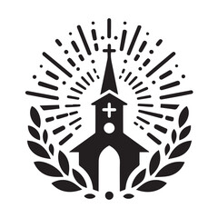 A stylized, black and white vector illustration of a charming church perched atop a grassy hill