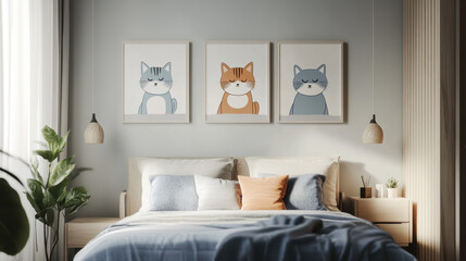 Cute Doggy Prints: A set of three minimalist prints featuring adorable stylized illustrations of dogs, adding a playful touch to a cozy bedroom interior. The prints are displayed on a wall.