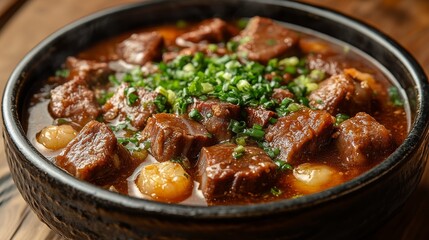 Steaming bowl of hearty beef stew with root vegetables and fresh herbs.