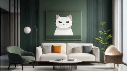 Modern Cat Portrait:  A minimalist art print featuring a stylized white cat with big eyes, set against a muted green background.