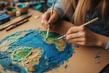 Naklejka premium Close-up of a young woman's hands as she paints an earth design on cardboard, symbolizing environmental awareness and care