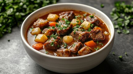 Hearty beef stew with potatoes and carrots in a white bowl.