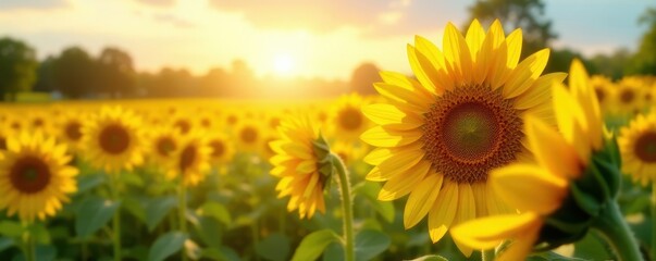 Obraz premium Sun-drenched sunflowers in a vibrant summer field , landscape, countryside