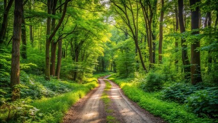 Fototapeta premium dirt road meandering through dense foliage, leafy greens, woodland path, leafy greens