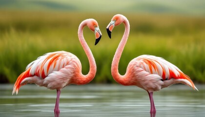 Obraz premium Two Flamingos Gracefully Pose Near Water