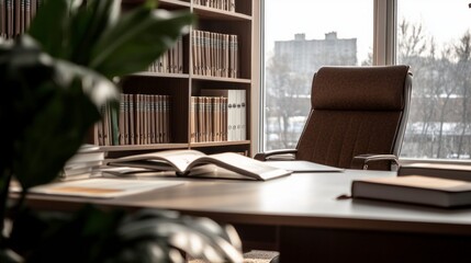 Fototapeta premium Modern Office Desk Bookshelves Chair Workspace Business Background