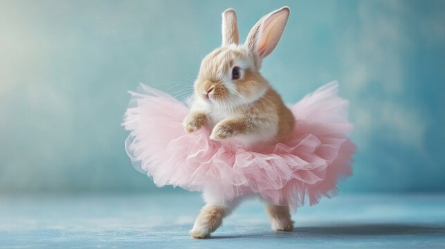 Bunny ballerina dances; pastel background