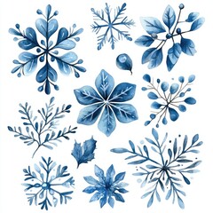 Collection of intricate blue floral and snowflake designs on a white background, ideal for winter-themed projects