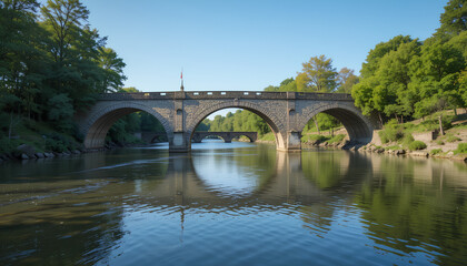 Fototapeta premium Old stone bridge over the river with reflections and surrounding trees in a scenic European town