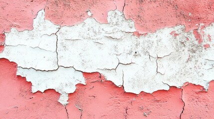 Obraz premium A close-up of an old red plaster wall with visible cracks, painted in shades of pink and white. The texture is rough and textured