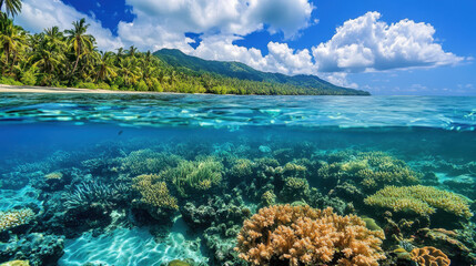 Naklejka premium Tropical Paradise: A vibrant underwater scene, revealing a thriving coral reef teeming with colorful life, juxtaposed against a picturesque tropical beach with swaying palm trees and azure skies.