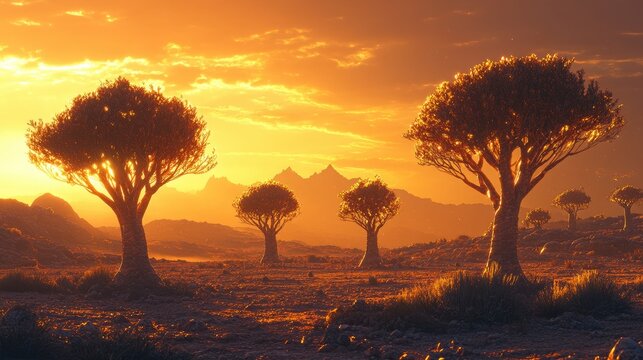 Quiver trees scattered across a barren landscape, illuminated by the golden-orange glow of sunset, creating a warm, earthy ambiance.