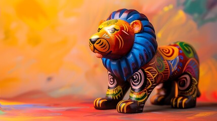 Obraz premium A majestic wooden lion figurine painted with bright hues, isolated against a soft gradient backdrop.