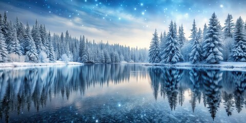 Obraz premium Frozen forest at dusk with snowflakes gently falling on evergreen trees and a serene lake in the background, snow-kissed landscape, peaceful woods