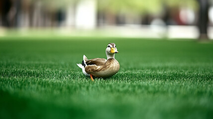 close-up shot of a single mallard duck resting on green grass backdrop showcasing serene outdoor nature scene wildlife photography