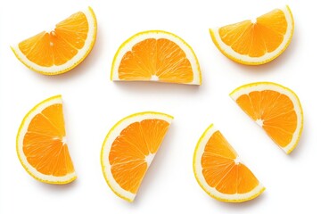 Fototapeta premium Freshly cut orange slices arranged artistically on a white background, ideal for food photography