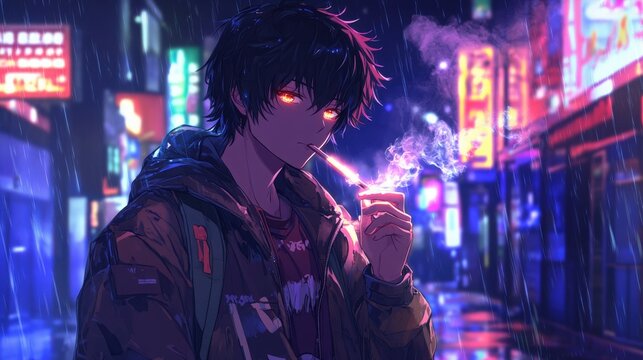 Stylish anime young male in a modern jacket, smoking a glowing cigarette under a night sky full of stars. The scene is set in a neon-infused street, with neon signs reflecting on the wet pavement
