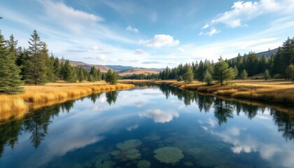 Obraz premium Serene autumnal lake reflecting sky and mountains