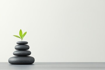 Obraz premium Minimalist arrangement of stacked stones with a sprouting green plant on a simple surface accentuates tranquility and harmony in a Japanese-inspired art style