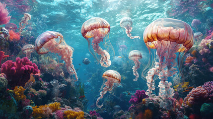 Jellyfish Symphony: A mesmerizing underwater ballet of vibrant jellyfish gracefully dance amidst a kaleidoscope of coral reefs, bathed in a sunlit ethereal glow.