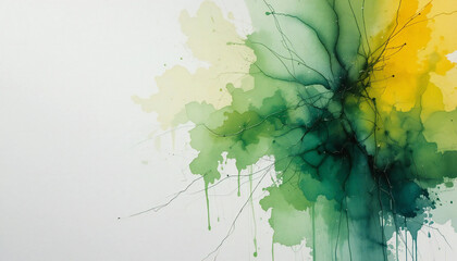 A green and yellow abstract watercolor painting on a white wall