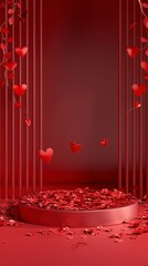 Romantic Red Background with Floating Hearts and Petal Accents