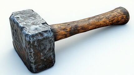 Old, weathered, square-headed hammer with wooden handle isolated on white background.