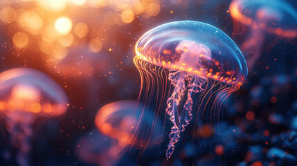Naklejka premium Ethereal Jellyfish: A luminous jellyfish with intricate tendrils floats gracefully in a mesmerizing underwater world bathed in the warm glow of the setting sun.