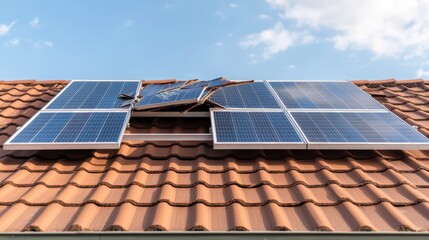The damaged photovoltaic solar panels on the rooftop serve as a clear indication of the effects of severe weather events and highlight the urgent need for maintenance