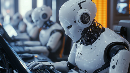 Fototapeta premium Futuristic Robot Working on a Computer in a Digital World