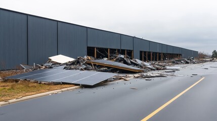 Damage to photovoltaic panels and debris caused by hurricane winds at a commercial building's exterior in a post-storm assessment in a residential area in late autumn