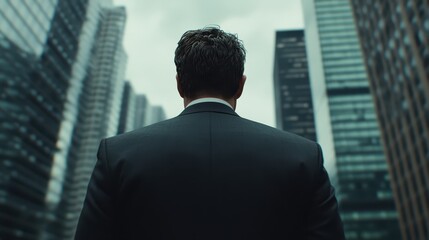Fototapeta premium Man in a black suit stands confidently amid towering skyscrapers on a cloudy day, reflecting determination and ambition while gazing at the urban landscape
