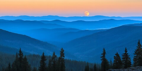 Obraz premium Serene Sunset Landscape Moonlit Blue Mountains and Silhouetted Pines