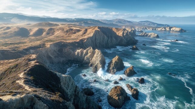 Rocky coastline with dramatic cliffs meeting the ocean, waves crashing against rocks, sunlight casting long shadows over the landscape.