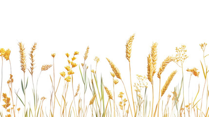 golden wheat field with flowers isolated on white background 