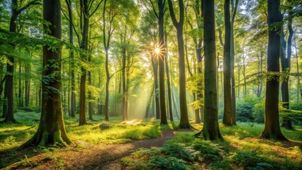 Obraz premium Towering mature trees standing tall amidst dense underbrush with sunlight filtering through the leaves and dappled shade on forest floor wide format, mature trees, shaded forest